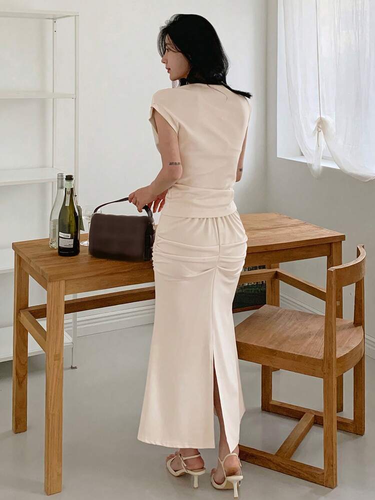 Women's Cowl Neck Wrap Skirt Mermaid Skirt 2pcs Set