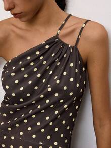 Maija Vestido elegante sexy con estampado de lunares y pliegues de un solo hombro para mujer - Marrón - Ver 6