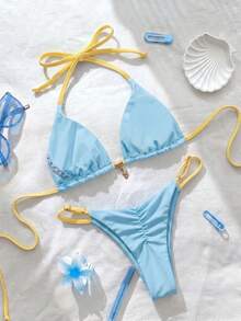 Elavelle Springbreak 女款海灘裝夏季套裝 素色細肩帶性感比基尼套組 - 彩色 - 查看 2