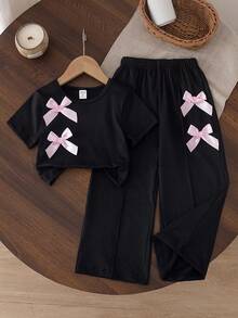SHEIN Genkimix Kids 少女新款時尚淺灰色短袖T恤 + 寬腿長褲 3D黑色蝴蝶結裝飾 2件組，適合日常休閒運動，夏季 - 黑色 - 查看 4