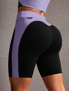 Powerista Short de sport décontracté ajusté en patchwork bleu pour femmes, pour l'entraînement quotidien et la gym, à porter tous les jours - Prune - Voir 1
