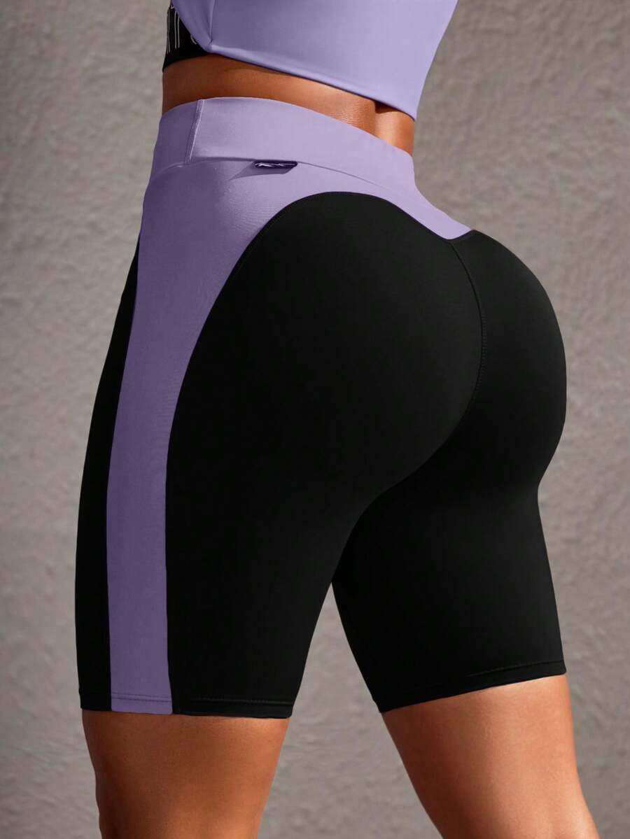Powerista Short de sport décontracté ajusté en patchwork bleu pour femmes, pour l'entraînement quotidien et la gym, à porter tous les jours - Prune - Voir 1