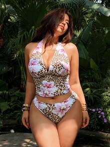 Swim Vcay 2026 New Summer Beach Vacation Women's Tropical Print Two Pieces Bikini Set, Casual Vacation Style, Summer Holiday Outfit, Floral Bikini, Plus Size Tank Style Bikini - Baby Pink - View 5