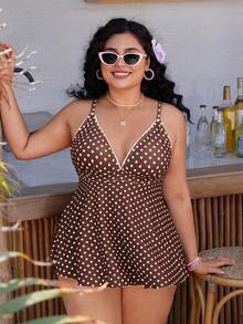 Swim Mod 大尺碼女款圓點印花深V領裙式上衣搭配標準比基尼泳褲，修身顯瘦夏季海灘風泳衣套裝 - 彩色 - 查看 3