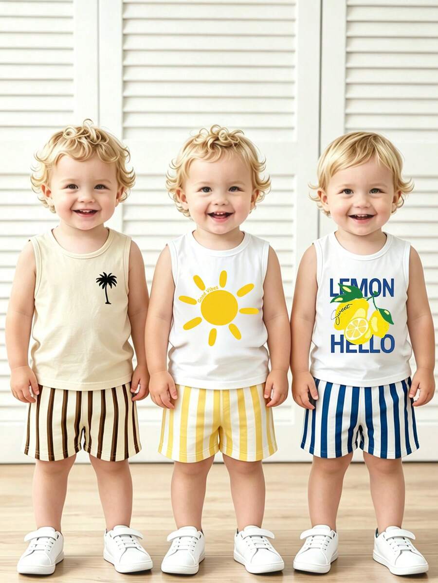 3套男嬰服裝套裝，時尚極簡椰子樹印花背心搭配對比條紋短褲，黃色太陽印花英文字母背心搭配黃色條紋短褲，檸檬印花英文字母背心搭配藍色條紋短褲，適合夏季外出 - 彩色 - 查看 1
