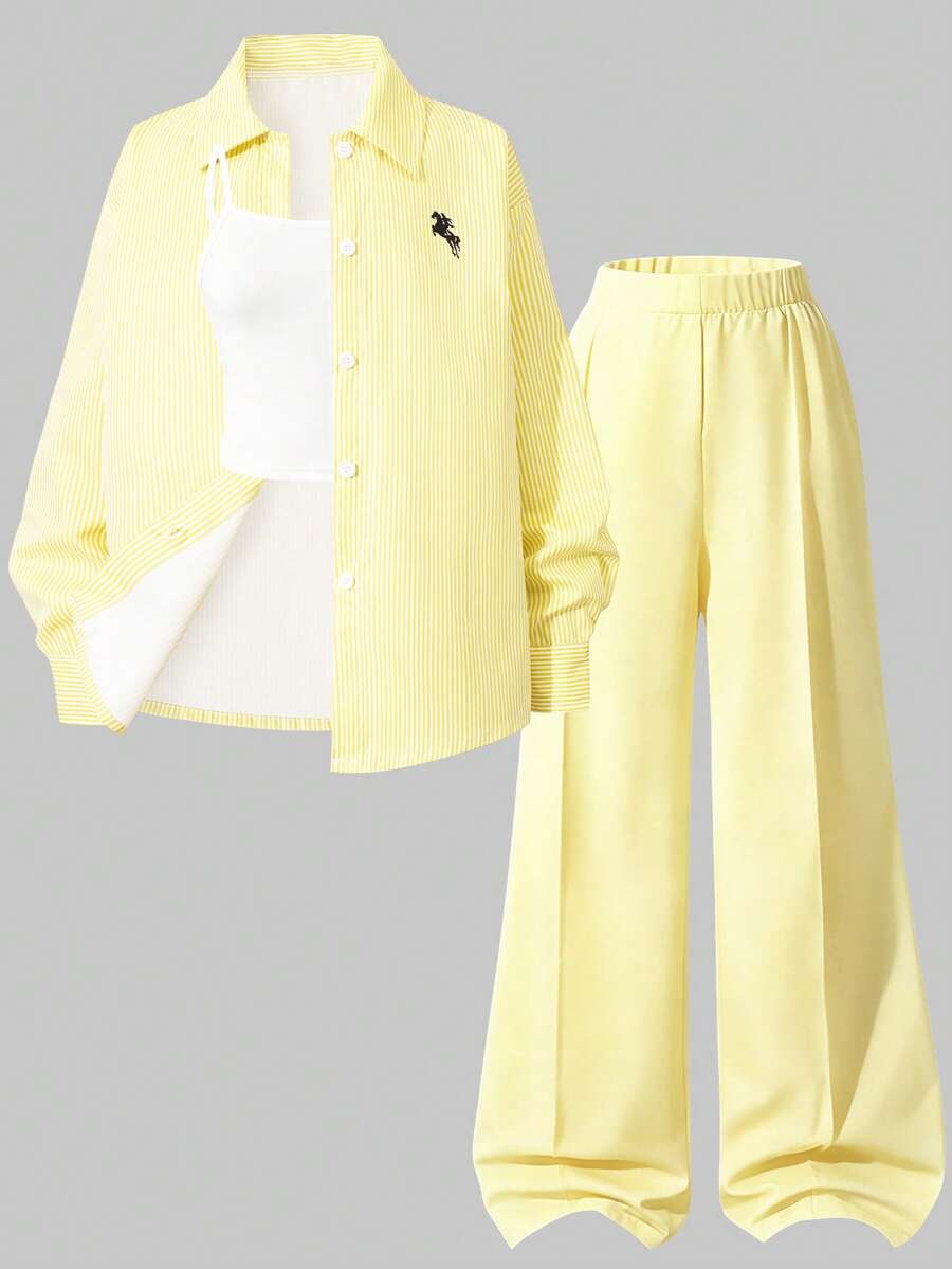 SHEIN 3件組黃色長袖條紋數位印花襯衫、黑色長褲、吊帶背心,適合春夏季外出 - 黃色 - 查看 1