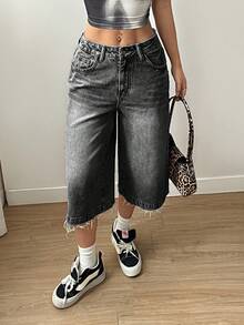 SHEIN EZwear 女款口袋鈕扣休閒百搭日常旅行牛仔短褲 - 黑色 - 查看 5