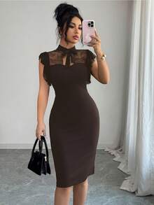 Rafferiza 女款黑色優雅修身蕾絲拼接中長洋裝 - 棕色 - 查看 5