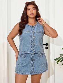 Lounesse Plus Size Solid Color Front Button Sleeveless Vest And Denim Skirt 2-Piece Set Summer Elegant Vacation Beach Wedding Graduation Going Out Ruffle Blue - Blue - View 3