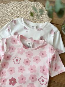 SHEIN LMoss Kids 少女針織花卉愛心圖案休閒簡約修身舒適圓領短袖T恤與長褲修身居家服，適合春夏，4件組 - 彩色 - 查看 4