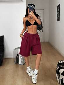 Coolane Women's Summer Streetwear Daily Wear Homecoming Casual Sport Basic Burgundy Baggy Low Rise Bermuda Sweater Shorts - Burgundy - View 2