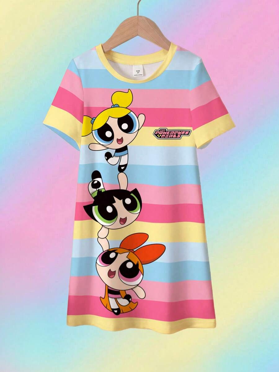 THE POWERPUFF GIRLS X SHEIN 年轻女孩夏季休闲卡通彩色条纹印花短袖T恤连衣裙 - 白色 - 查看 1