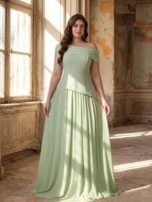 Aureia Plus Size Elegant Luxurious Sage Green Summer Dress,Satin & Chiffon Patchwork Asymmetric Ruched A-Line Hem Formal Wedding Evening Party Bridesmaid - Mint Green - View 5