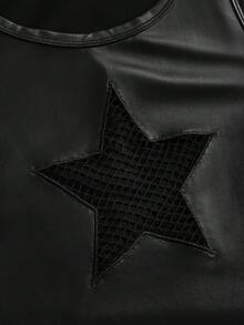 ROMWE Grunge Punk Plus Size Hot Girl Punk Sexy Goth Mesh Hollow Star Pattern PU Fabric Tight Fit Tank Top Halloween Concert Club Black Summer - Black - View 2