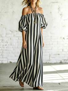 SHEIN Holidaya 女款條紋泡泡袖洋裝 - 黑與白 - 查看 7