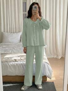 DAZY Sweet Fresh Light Blue All Cotton Ruched Lace Design Loose 2-Piece Women's Pajama Set - Green - View 5