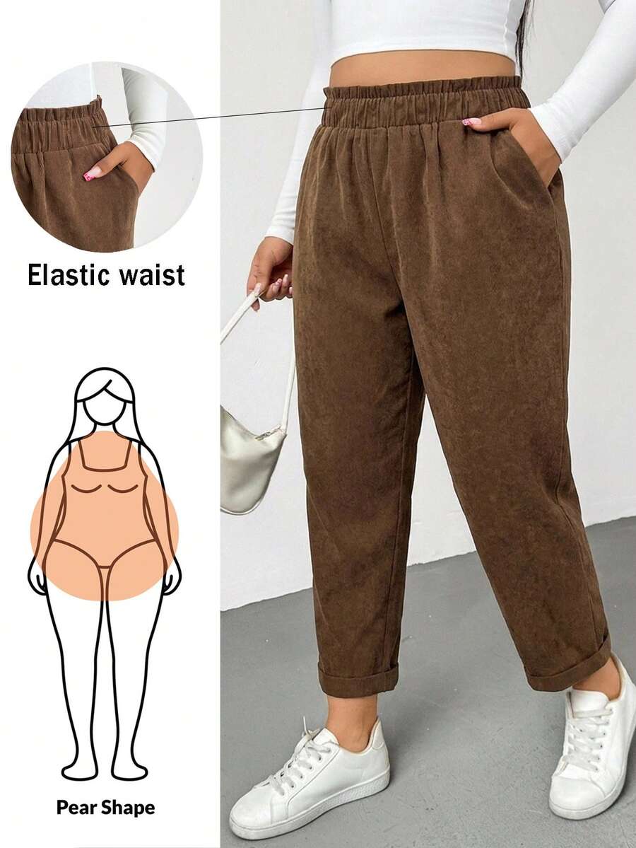 Shapeblank 大尺碼女款素色高腰彈性腰帶口袋修身錐形長褲 - 棕色 - 查看 1