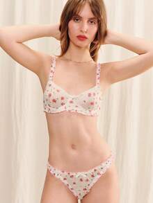 lacRébo White And Pink Floral Printed Mesh Underwired Bra And Matching Ruffled Tanga Cute Lingerie Set - Multicolor - View 5