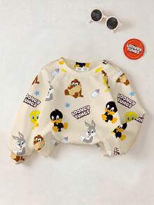 LOONEY TUNES X SHEIN Baby Boy Crew Neck Long Sleeve Apricot & Beige Comfortable, Casual Cartoon Cute English Letter Print Pattern Sweatshirt Fall Winter - White - View 1