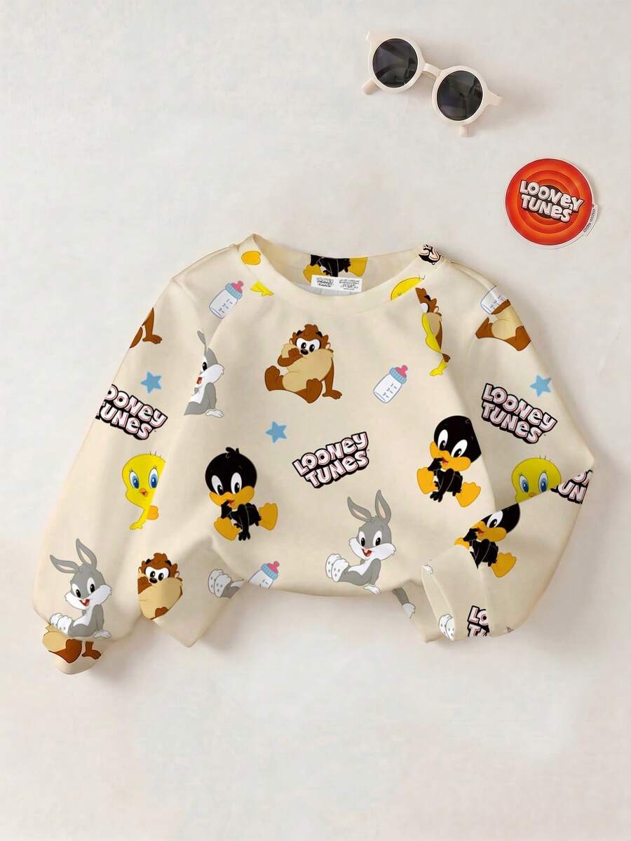 LOONEY TUNES X SHEIN Baby Boy Crew Neck Long Sleeve Apricot & Beige Comfortable, Casual Cartoon Cute English Letter Print Pattern Sweatshirt Fall Winter - White - View 1