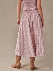 WESTFADE Falda midi convertible con cintura fruncida y bordado a cuadros - Rosa - Ver 2