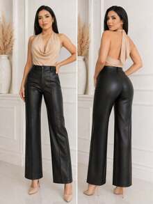 Wide Leg Vinyl Pants - Black - View 15