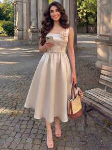 Modelyn Women's Romantic Elegant Shiny 3D Floral Camisole Waist Midi Dress, Luxurious Draping Effect For Party Beige Summer - Apricot - View 2