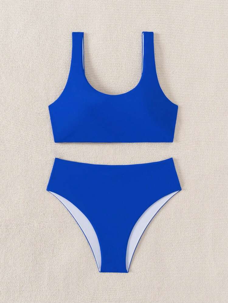 SHEIN Swim Women's Summer Beach Solid Color Fashion Bikini Two-Piece Swimsuit Set - Royal Blue - View 5