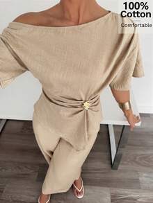 Siren Gaze Luxury Elegant Cotton Set Khaki Asymmetric Neck Short Sleeve Shirt Long Pants 2 Pieces Sets Women Summer Office Date Vacation Everyday Casual Outfits - Khaki - View 6