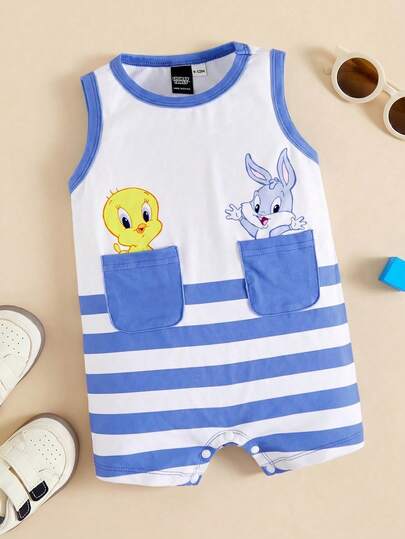 LOONEY TUNES X SHEIN Baby Boy Cute Cartoon Bird Tweety & Rabbit Print Striped Casual Romper, Suitable For Spring/Summer