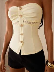 SHEIN Glamour Sexy heißes Mädchen minimalistisches Damen Bandeau Top, gelbes Strick Bandeau Stil mit Blumenknopfleiste in der Mitte vorne, geeignet für den täglichen Arbeitsweg, Junggesellinnenabschied, Strandurlaub, Abendparty, Lässig Top, Sommer Top - Gelb - Übersicht 6