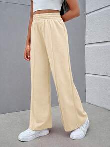 SHEIN Tween Girl Street Style Mix & Match Knit Solid Color Straight Leg Pants - Apricot - View 4