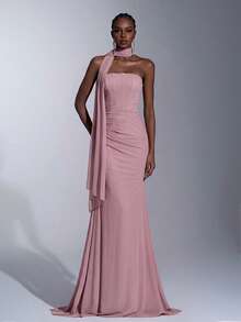 Elitara Dusty Pink Summer Elegant Formal Prom Wedding Bridesmaid Dress,Chiffon Strapless Shaping Mermaid Pleated Side Draped Detachable Multi-Way Wear Gown - Dusty Pink - View 3