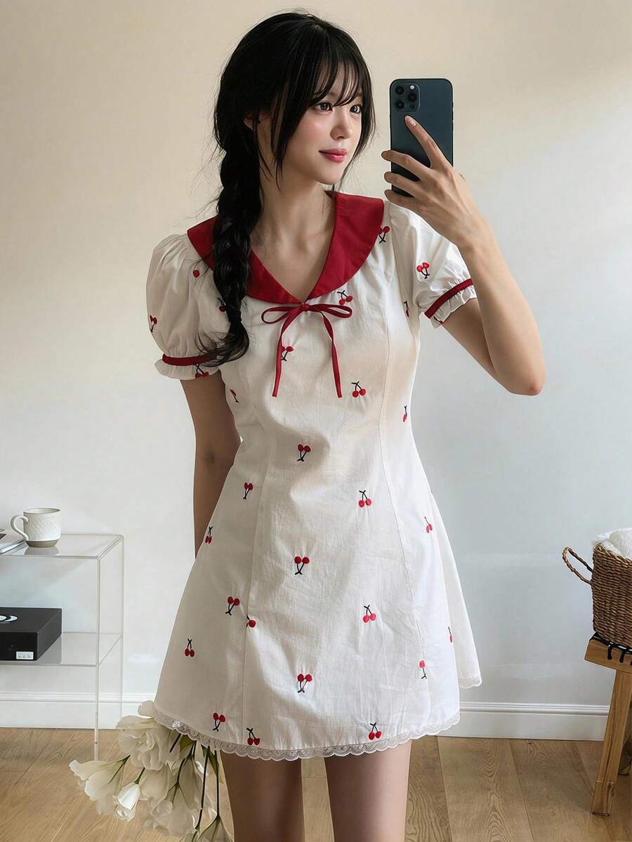 DAZY Women's Petal Sleeve Bow Decor Cherry Print Short Dress Sundress Summer Vacation - White - View 1