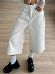 DAZY Celana Jeans Pendek Wanita Warna Putih, Longgar, Kasual, Model Lurus - Putih - View 5