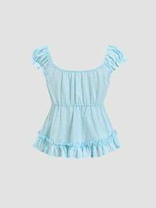 Sweetra Women's Spring/Summer Button-Up V-Neck Ruffle Blouse, Slimming Versatile Beach Vacation Style - Blue - View 2
