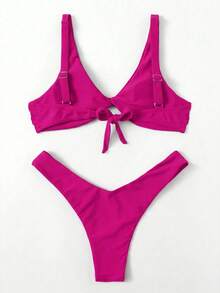 Swim Basics 女款夏季海灘素色V領後背蝴蝶結肩帶比基尼兩件套 - 玫紅色 - 查看 2
