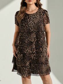 Chikora Plus Size Women's Leopard Print Round Neck Short Sleeve Ruffle Hem Loose Fit Dress - Multicolor - View 5