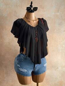 Mistrie Women's Summer Ruffled V-Neck Cropped Top Short Flared Sleeve Bohemian Classy Elegant Tie Chiffon Shirt Minimalist Solid Color Beach Vacation - Black - View 1