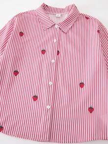 SHEIN 3件組 粉色長袖條紋數位印花草莓圖案上衣、黑色長褲、吊帶背心，適合春、夏、秋季出遊 - 粉色 - 查看 4