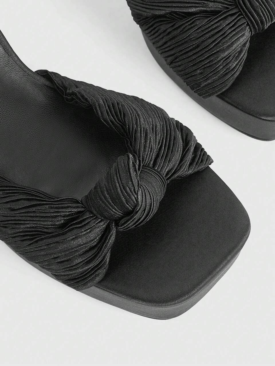 CUCCOO LuxiPop Women Shoes Black Satin Knotted Design Fashionable And Sexy High Thick Heel Water Table Sandals, Suitable For Spring And Summer, Holiday Wear, A Must