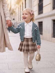 SHEIN Elladie kids 女嬰 V 領蝴蝶結純色長袖針織開襟外套，春秋款 - 深灰色 - 查看 4