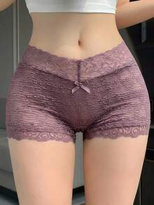 DAZY 女款蕾絲拼接性感透視貼身短款安全褲 夏季底層內搭緊身褲 - 藕粉色 - 查看 4