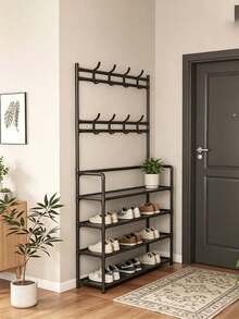 1pc Multi-Functional Iron Shoe Rack, 4/5 Tiers With 8 Hooks - Easy Assembly, Black Shoe Organizer Shelf - Multicolor - View 7