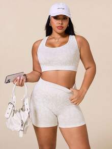 SHEIN Rhythm Era 女款豹紋交叉背心上衣與短褲運動套裝 - 米色 - 查看 4