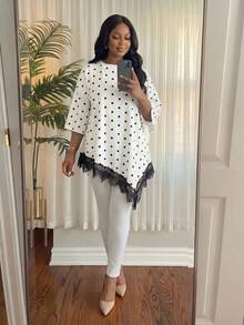 SHEIN Lady Chic Polka Dot Short Sleeve Tunic Top With Black Lace Detail And Irregular Hem - Black and White - View 5