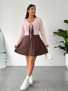 SHEIN EZwear 女款大尺碼針織開襟外套與細肩帶洋裝純色兩件組 - 巧克力棕 - 查看 4