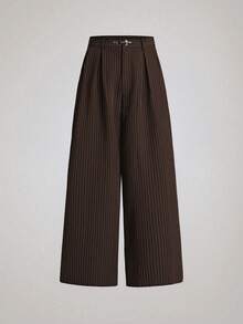 SIGLOCORE Pantalones largos holgados para hombre con hebilla de metal, rayas, bloques de color, pliegues y bolsillos - Marrón - Ver 3
