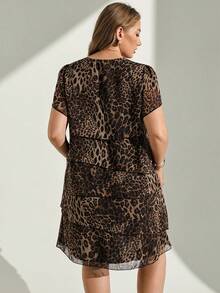 Chikora Plus Size Women's Leopard Print Round Neck Short Sleeve Ruffle Hem Loose Fit Dress - Multicolor - View 2
