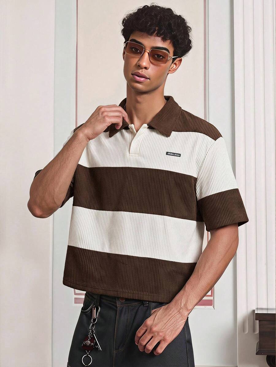 ESTAVOR Men's Summer Color Block Dual-Tone Short Sleeve Polo Shirt - Apricot - View 1